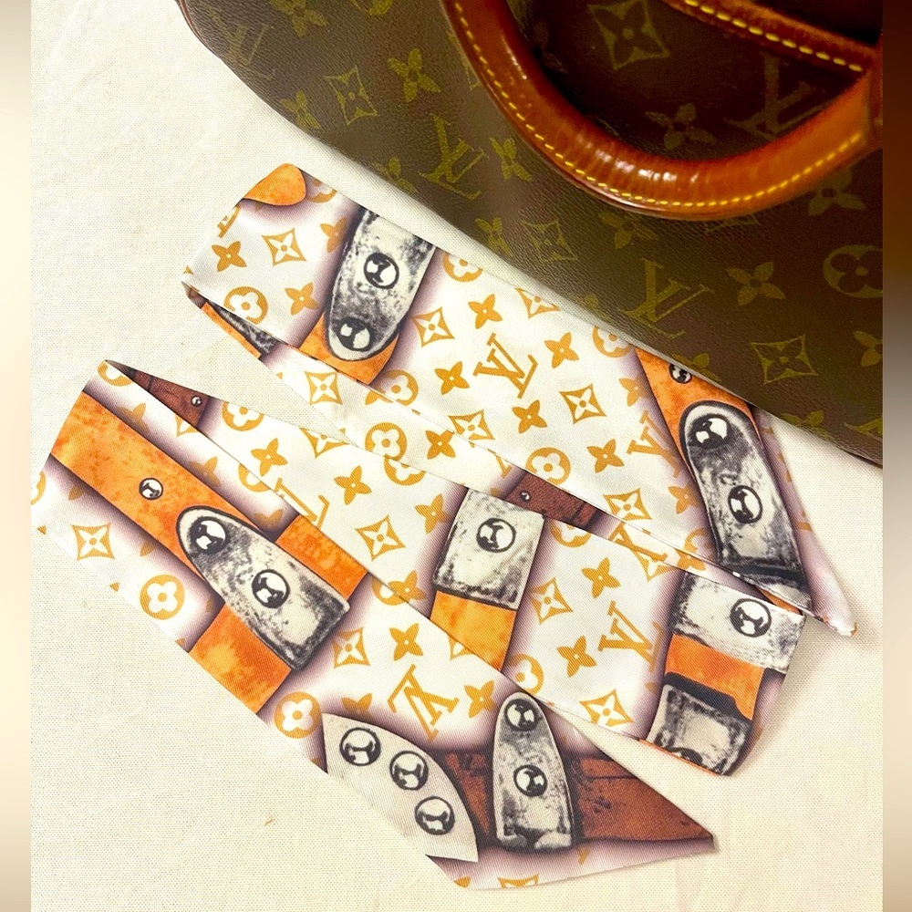 Monogram Orange Brown Bandeau Silk Twilly Scarf - Picture 3 of 5